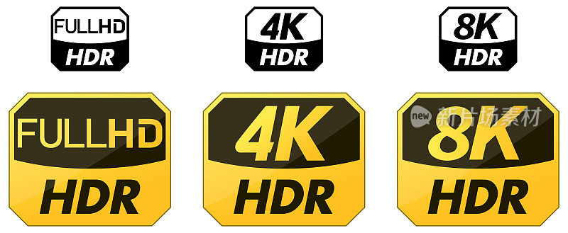 Set of yellow and black HDR icons. HD, 4k and 8k version